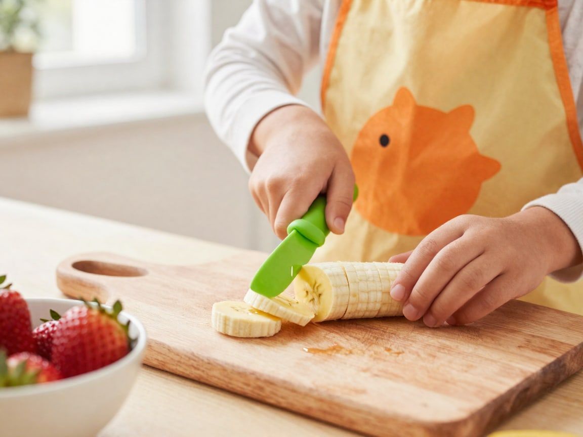 Kinderhanden snijden een banaan in plakjes met een groen kindermes van plastic, naast een bakje aardbeien