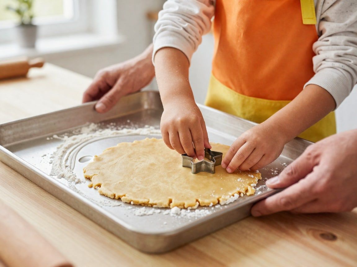 Kinderhandjes steken stervormige koekjes uit het deeg op een bakplaat, een ouder houdt de plaat vast