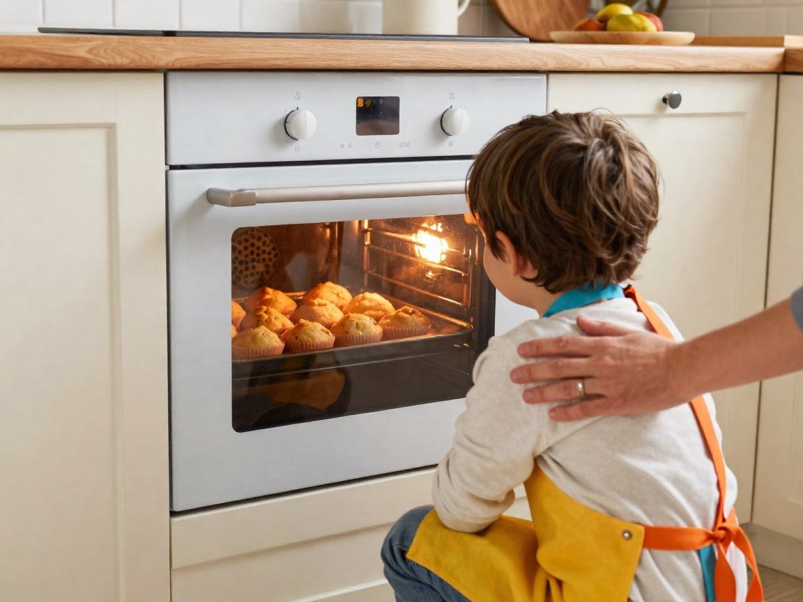 Een kind kijkt van achteren gezien door het ovenraam naar muffins die bakken, met een hand van een ouder op de schouder