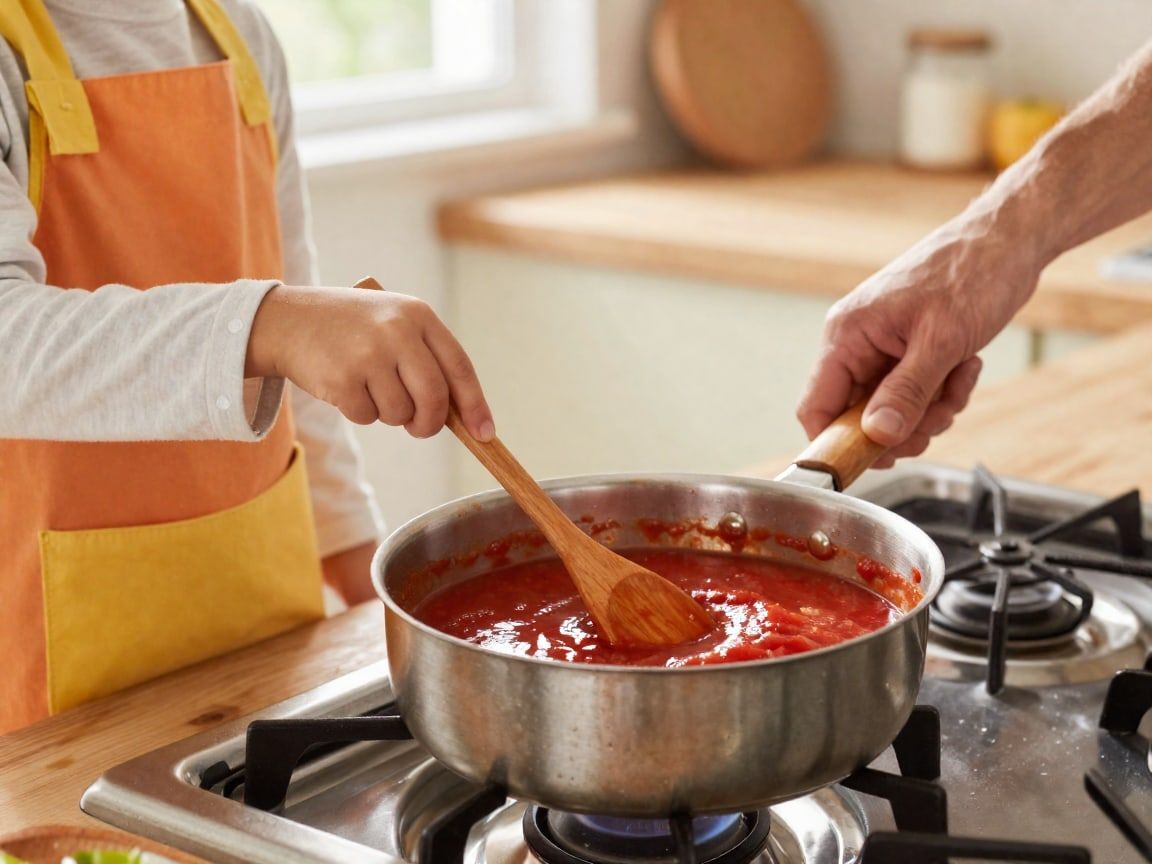 Een kind roert met een houten lepel in een pan tomatensaus, een volwassene houdt de steel van de pan vast